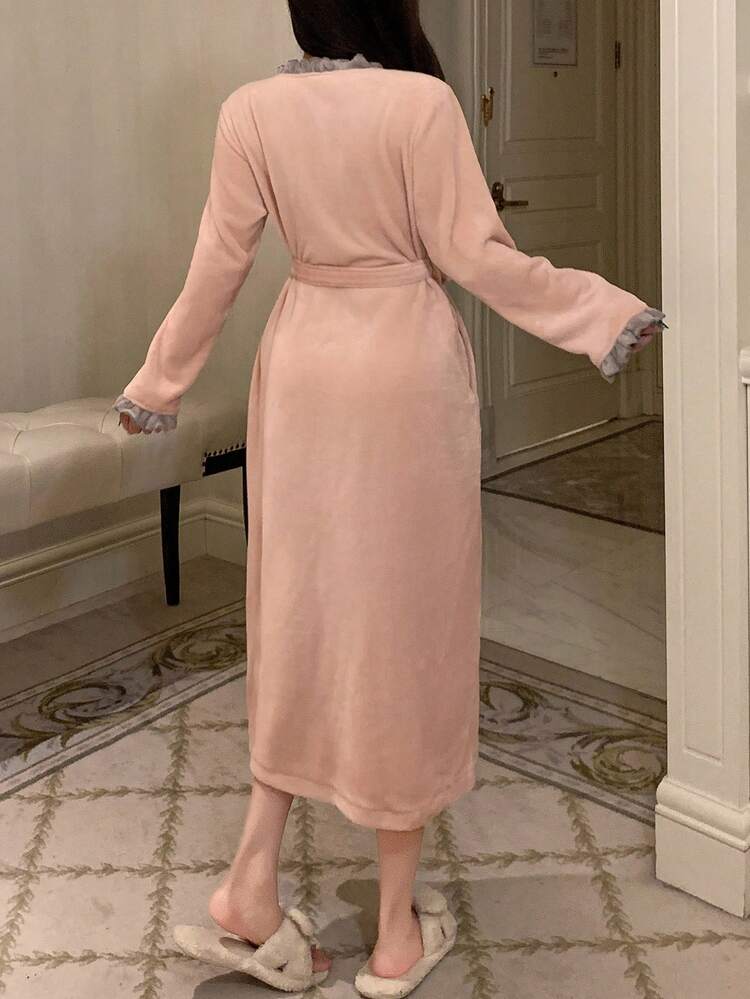 Women's Plush Contrast Color Ruffle Trim Bathrobe, Winter, Fall Fluffy Fleece Robe, Cozy