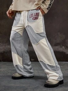ROMWE MEN Prep Men's Casual Contrast Color Patchwork Letter Print Sweatpants - Multicolor - View 6