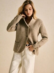 Poéselle Áo khoác cardigan nữ màu trơn hở phía trước có túi - Màu Khaki - Xem 6
