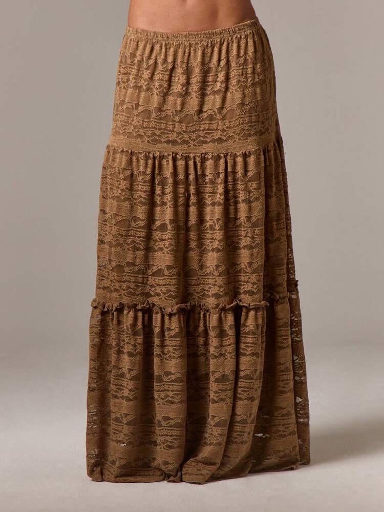 Tiered Lace Maxi Skirt With Elastic Waistband And Ruffles