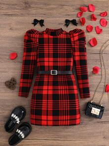 SHEIN Young Girls' Plaid Knit Mock Neck Gigot Sleeve Fitted Dress, Home Or Outdoor Wear, Back To School Fall Clothing Fall Dresses Homecoming Dress Hoco Dressses Wedding Dresses Halloween Clothes  Black Dress Winter Plaid Dress Girls Mama And Me Matching Outfits Matching Girl Women Outfits Mom Daughter Matching Outfit Red Plaid Dress - Red - View 2