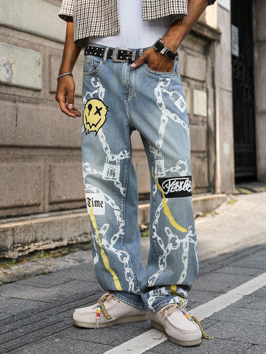 PAVTROS 男士印花修身直筒牛仔裤，青春街头风格 - 中等水洗藍 - 查看 1