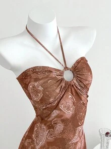 Elamini 女式性感夏季佩斯利印花网眼面料度假树脂环饰露肩吊带裙 - 棕色 - 查看 5