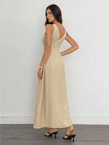 SHEIN Tall New Summer Waist Long Dress For Women, Minimalist And Versatile, Waist Pleated Slim Sleeveless A-Line Long Dress For Women, Imitation Linen Flowing Long Dress For Women,Business Casual Woman Business Women Attire