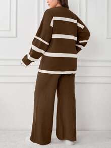 EURMUSE STRIPE DESIGN PLUS SIZE SWEATER CO-ORDS - Brown - View 2