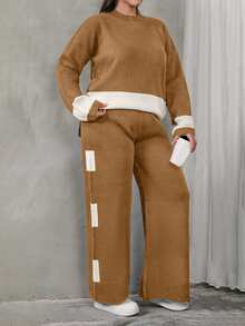 EURMUSE Women's Color Block Knitted Sweater Two Pieces Set - Camel - View 3