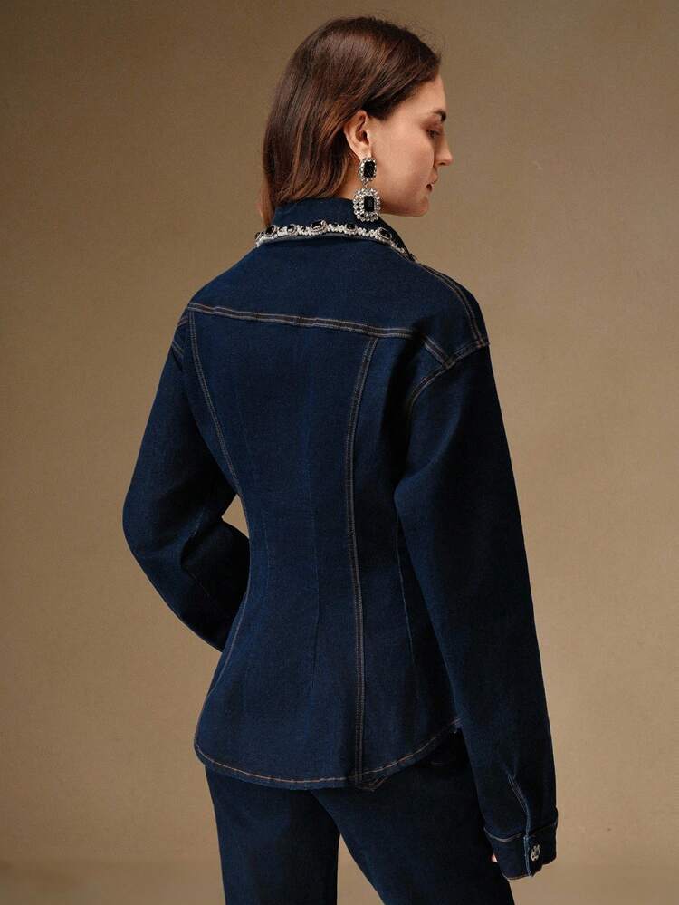 여성을 위한 패셔너블한 럭셔리 다이아몬드 장식 다크 네이비 블루 데님 재킷