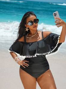 Swim Vcay Plus Size Summer Vacation Ruffled Ruffle One-Piece Swimsuit - Black and White - View 1