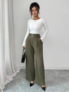 Selianne Women's Elegant Olive Green Wide Leg Pants,Autumn Office Wear Solid Color Button Waist Casual Trousers,Spring/Summer/Winter Daily Commute Party Wear - Army Green - View 4
