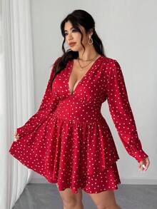 Elenzga Sexy Kleid mit tiefem V-Ausschnitt und Herz-Muster in Große Größen - Rot - Übersicht 1