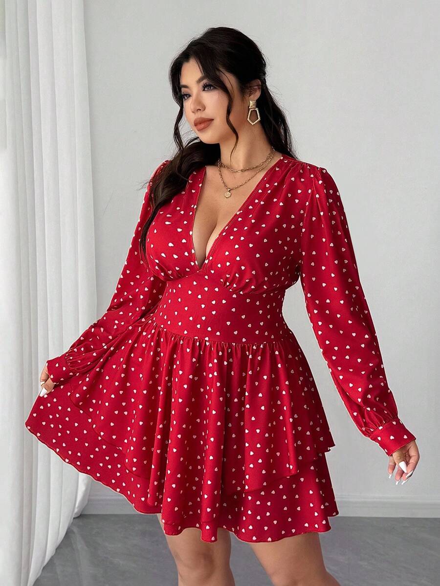 Elenzga Sexy Kleid mit tiefem V-Ausschnitt und Herz-Muster in Große Größen - Rot - Übersicht 1