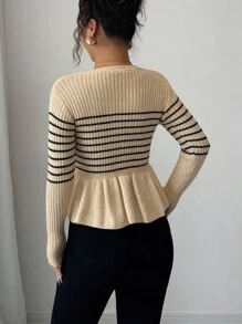 Elenzga Damen Neuer Herbst/Winter Einzelteil Figurbetonter kurzer V-Ausschnitt Langarm Klassischer gestreifter Rüschensaum Eleganter Lady Stil Alltagstauglicher vielseitiger Strickpullover