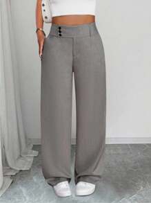 SHEIN Tall CURVE Pantalones rectos de cintura alta de estilo casual para mujer de talla grande