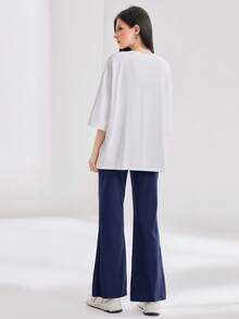 Mulvari 2件套女士休闲心形图案T恤和裤子套装 - 藏蓝色 - 查看 2