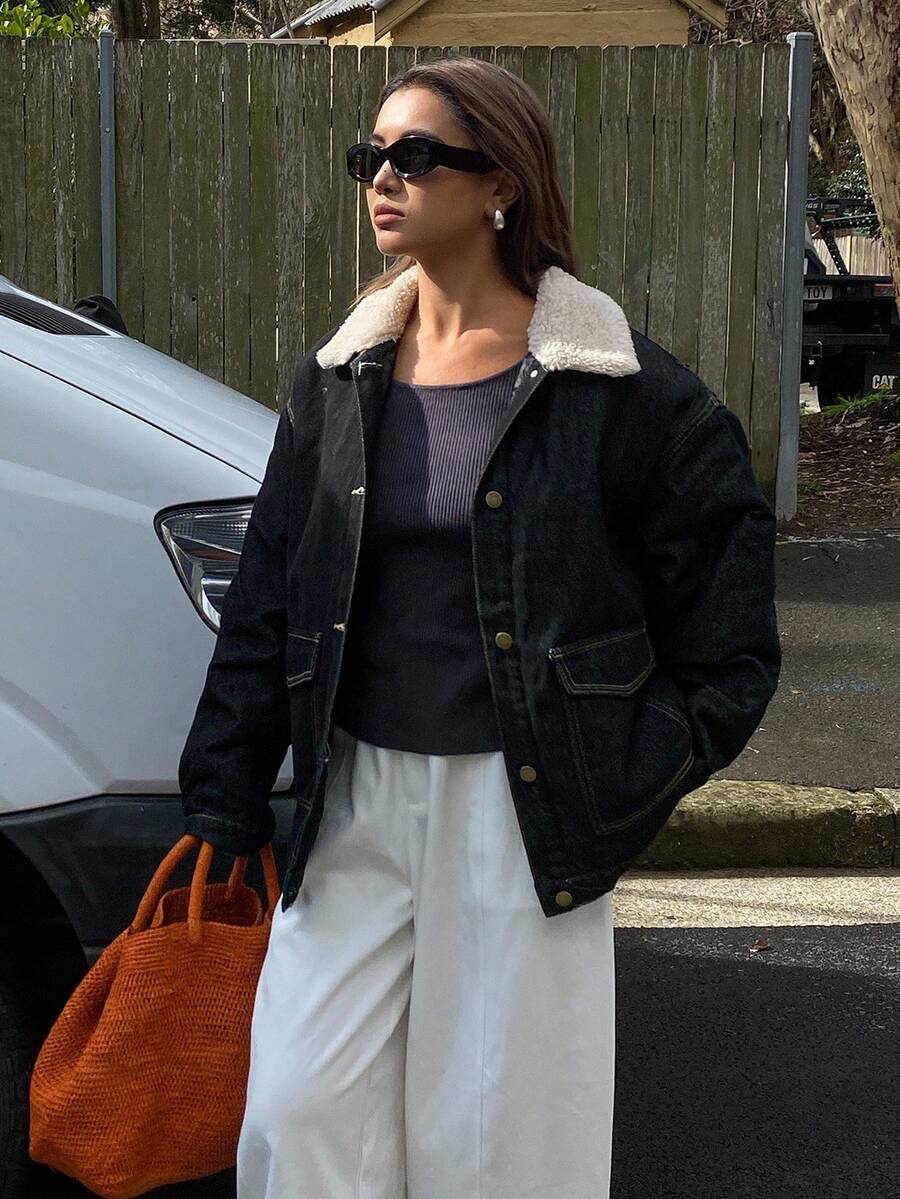 DAZY Women's Patchwork Denim Collar Padded Coat Jacket - Blue - View 1