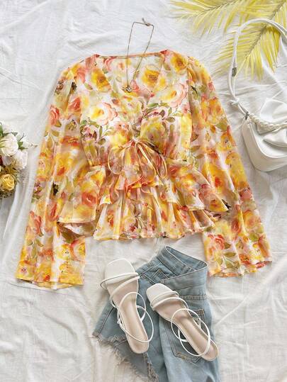 Soleia Damsemester Mjuk gul blommig mönstrad rosstrukturerad V-ringad blus med utsvängda ärmar, sexig slim fit mode för fest, dejt, alla hjärtans dag, karneval, påsk, western, kryssning, semester, eftermiddagste, strand, kryssning, ösemester, stadssemester, bröllopssäsong, musikfestival, bohemisk semester strandkläder, mångsidig för alla årstider Gul blommig topp Blommiga toppar för kvinnor Blommig blus Blommiga toppar Solnedgångsfärger Sommarlångärmade toppar