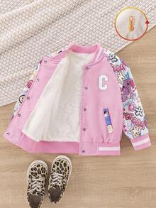 SHEIN Chaqueta casual de una hilera de botones con estampado de letras, de manga larga, de costilla, para niñas en otoño/invierno - Rosa - Ver 3