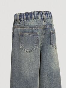 Young Boy Retro Washed Loose Straight Leg Jeans, Fashionable Streetwear, Versatile For Outdoor, Indoor Casual Wear Chic Outfits For Autumn/Winter