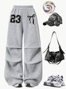 Sparklyn Pantalones de chándal holgados y plisados de felpa con estampado de mariposas y números para niñas preadolescentes, adecuados para el uniforme escolar en otoño e invierno