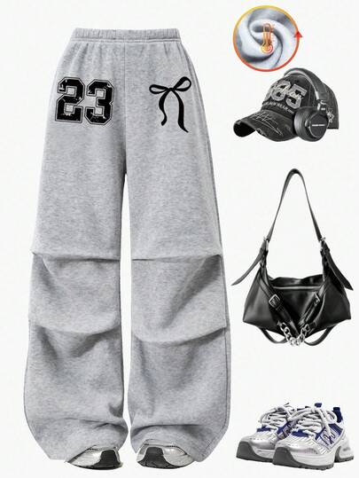 Sparklyn Tween Girls Butterfly & Number Print Casual Loose Pleated Fleece Sweatpants, Suitable For School Uniform In Autumn And Winter Fall