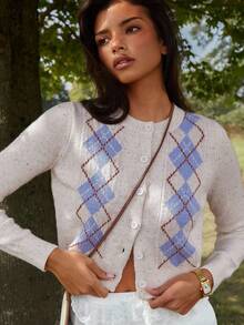 Athîral Women's Casual Collegiate Rhombus Plaid Pattern Single-Breasted Lightweight Cardigan, Autumn