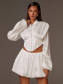 Athîral Women's Autumn White Waist Zipper Elegant Pleated Fishbone Patchwork Lantern Sleeve Jacket - White - View 1