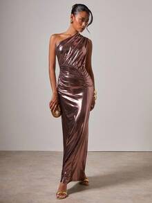 COSMINA Women's Shiny Asymmetrical Shoulder Dress Formal Dress Rose Gold Dress One Shoulder Dress - Purple - View 1
