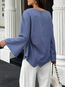 Selianne 女士休闲日常简约纯色落肩宽松喇叭袖褶裥腰部不对称下摆衬衫，春秋季女装 - 藍色 - 查看 2