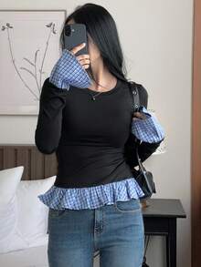 DAZY 女式圆领撞色格子拼接长袖修身休闲T恤秋季上衣 - 黑色 - 查看 5