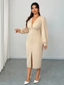 Elenzga Đầm maxi dài tay xếp ly cổ chữ V chất liệu voan mỏng, tay dài, thắt lưng, trang trí tiệc tùng hàng ngày, thanh lịch, lãng mạn, cỡ lớn dành cho nữ, mùa xuân/thu - Màu be - Xem 5