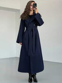Aloruh 女式长袖风衣，带口袋，收腰，海军蓝，秋冬 - 藏蓝色 - 查看 7