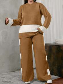 EURMUSE Women's Color Block Knitted Sweater Two Pieces Set - Camel - View 1