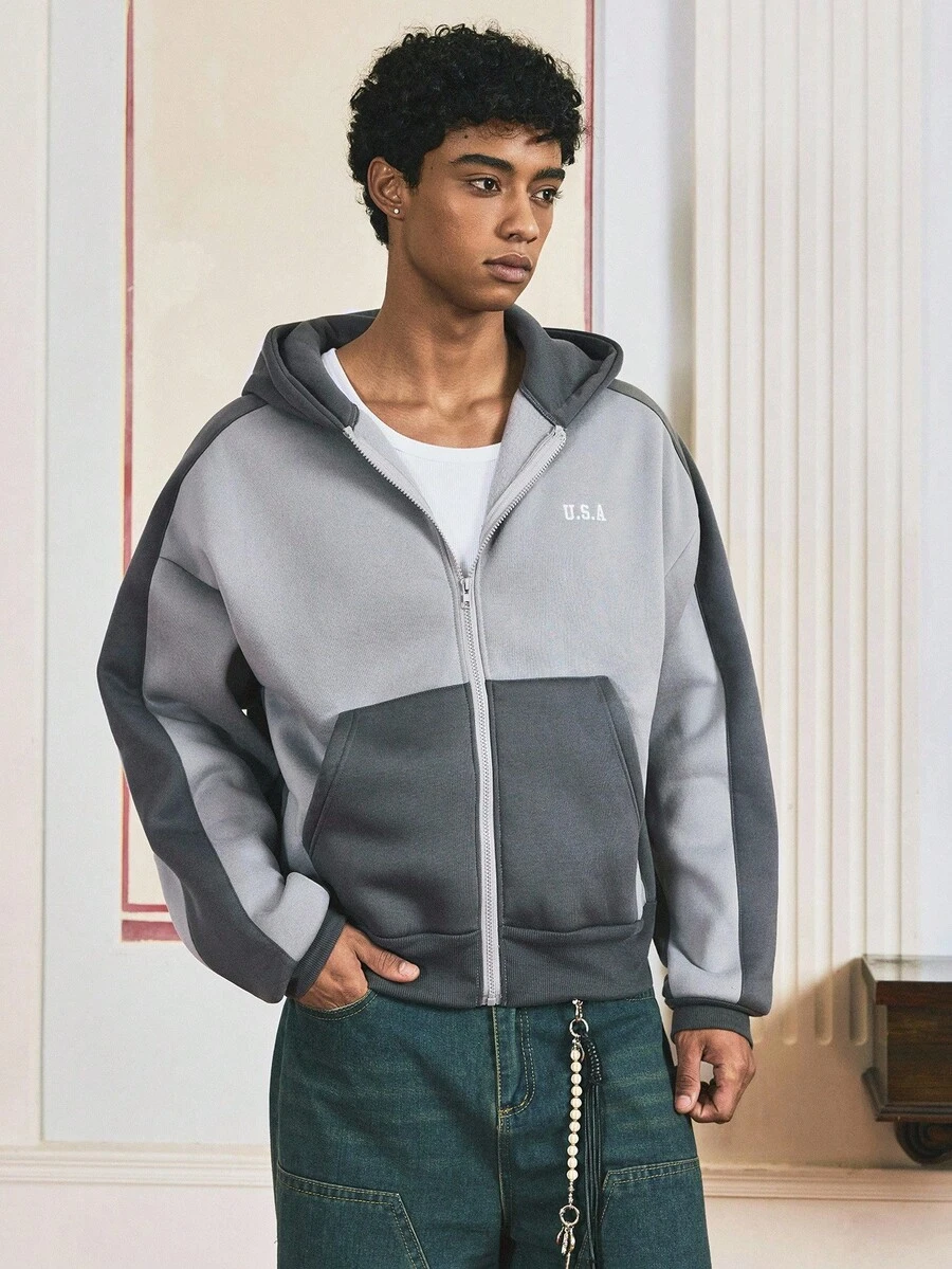 SWAVVY Men's Casual Standard Size Patchwork Long Sleeve Sweatshirt With Embroidery And Hood, Fall, Winter - Multicolor - View 1