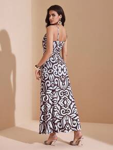 JIAN LASALA Robe longue en jersey imprimé tout-sur-tout avec bretelles spaghetti. Robe d'été et d'automne décontractée pour vacances, élégante, pour sortie, soirée, mariage. Luxueuse pour femmes - Multicolore - Voir 2