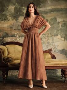 Anewsta Đầm dài cổ chữ V, tay nhún vai, eo thắt eo cho nữ, thích hợp cho kỳ nghỉ ở bãi biển, mùa xuân/hè - màu nâu - Xem 6