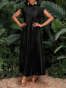 SHEIN Lady 加大码春夏秋冬优雅派对婚礼酒会波西米亚风沙滩褶皱立领编织荷叶边 A 字裙 - 黑色 - 查看 4