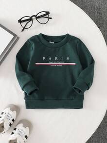 SHEIN Baby Boy Casual Paris Letter Printed Rib Trim Long Sleeve Sweatshirt, Spring/Autumn/Winter,Baby,6M-3T Fall - Dark Green - View 1