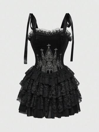 Goth Gothic Castle Cross Embroidery Contrast Lace Trim Cross Pendant Women Velvet Camisole Tie Strap Dress, Halloween