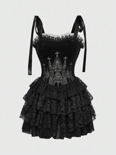Goth Gothic Castle Cross Embroidery Contrast Lace Trim Cross Pendant Women Velvet Camisole Tie Strap Dress, Halloween