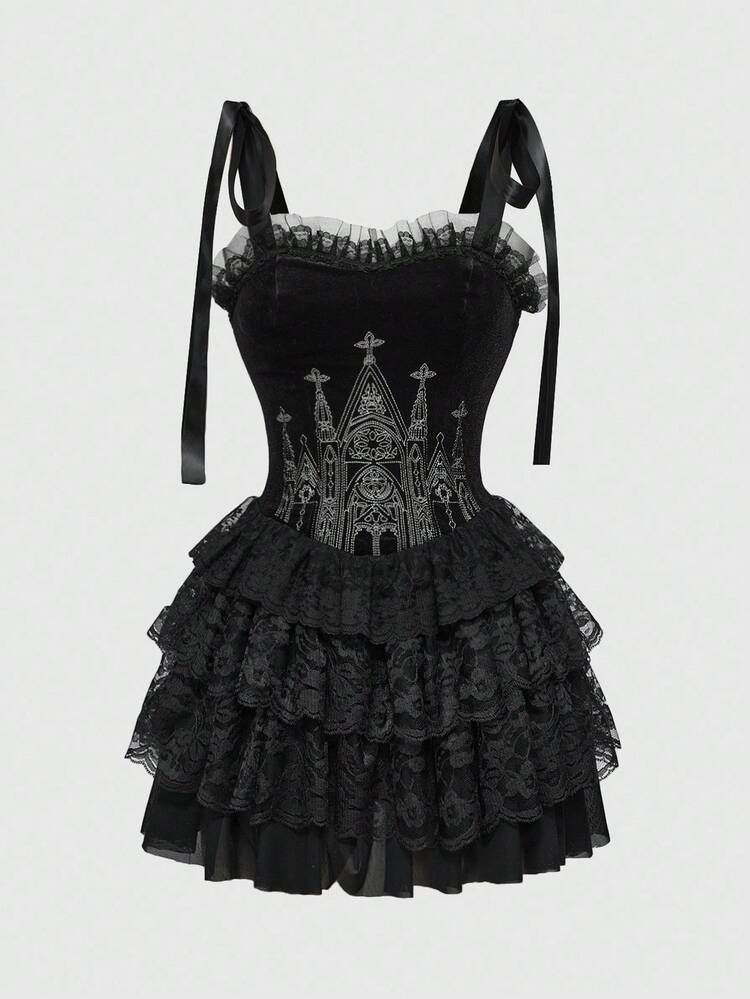 ROMWE Goth Gothic Castle Cross Embroidery Contrast Lace Trim Cross Pendant Women Velvet Camisole Tie Strap Dress, Halloween | SHEIN USA