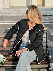 SHEIN Frenchy Women's Casual Contrast Trim Padded Coat, Autumn Winter, Chic Autumn , Fall For Women , Contrast Color Coat , Elegant Coat For Women, Going Out, Warmth Black