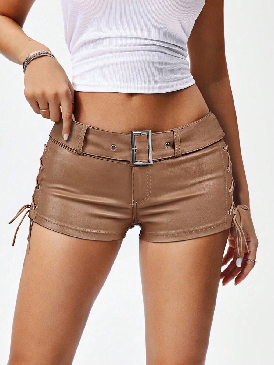 SHEIN Unity Women's Solid Color PU Leather Side Eyelet Lace-Up Skinny Fashionable Shorts - Brown - View 1
