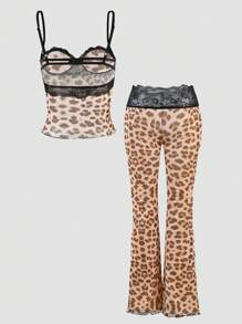 INAWLY Women's Leopard Print Lace Panel Cami Top With Elastic Waist Ankle Pants, Spring New Arrival - Multicolor - View 6