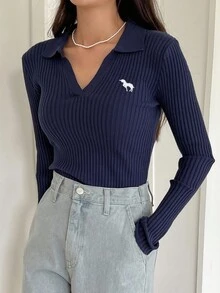 DAZY 女式休闲罗纹修身套头衫秋季 - 藏蓝色 - 查看 8