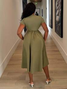 Alexandranx Black Herringbone Print Mid-Length Dress,Sun Dress - Army Green - View 2
