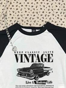 Attitoon 复古赛车图案休闲简约圆领短袖短款上衣女式T恤，适合夏季 HP CLASSIC ALIVE VINTAGE 过着现代生活 灵魂寻求冒险和探索，推动我们超越舒适区，寻找新的生活和体验 - 白色 - 查看 5