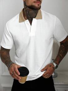 Manfinity Homme 男士撞色短袖休闲通勤 Polo 衫，复古风 - 白色 - 查看 3