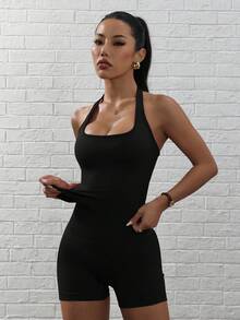 Easithlete Einfarbiges rückenfreies Neckholder-Top und Shorts für Damen, Yoga-Workout-Set, schwarzes Top, schwarzes Tank Top, schwarzes Set, schwarzes Neckholder-Set, schwarzes Tank Top