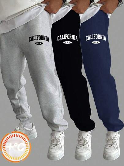 SHEIN 3 件套青少年男孩休闲校园风格字母印花抽绳宽松针织运动裤，多色