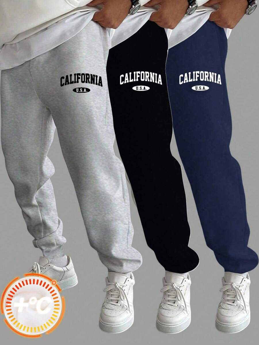 SHEIN Set da 3 pantaloni della tuta lavorati a maglia con coulisse, stile casual scolastico con stampa a lettere, per ragazzi pre-adolescenti, multicolore